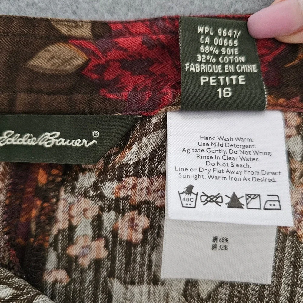 Vtg Eddie Bauer Silk Midi Skirt 16P Brown Dark Floral Earthy Fall Cottage Boho